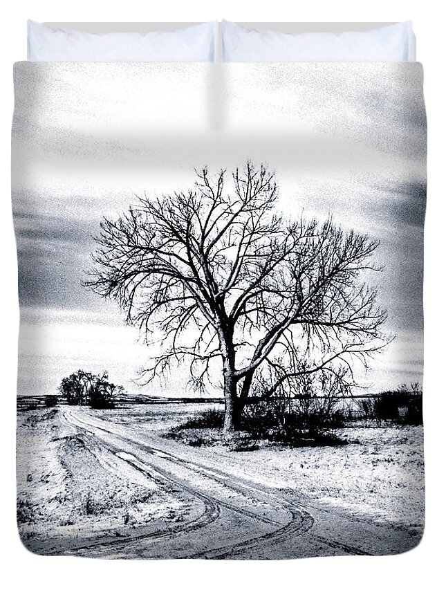 North Dakota Duvet Cover featuring the photograph Winter Prairie Road by Steve Lucas