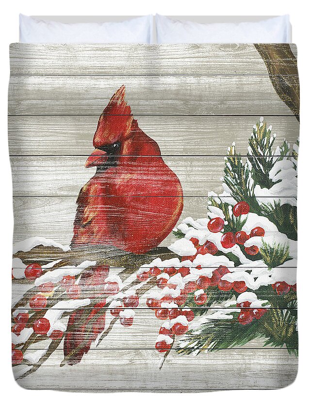 Winter Duvet Cover featuring the painting Winter Red Bird On Wood I by Tiffany Hakimipour