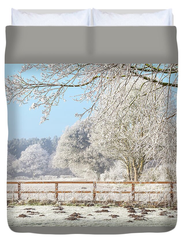 Landscape Duvet Cover featuring the photograph Winter scene with trees fence and mole hills by Simon Bratt