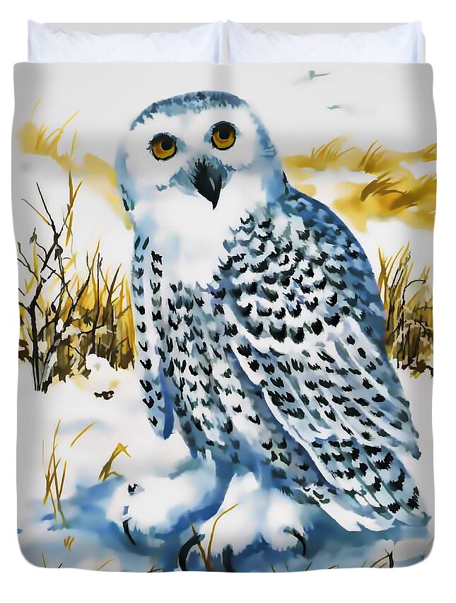 Owl Duvet Cover featuring the digital art Winter Snowy Owl by D Hackett