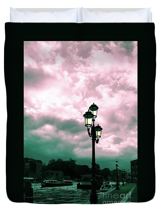 Toned Duvet Cover featuring the photograph Winter Venice lantern on the embankment by Marina Usmanskaya