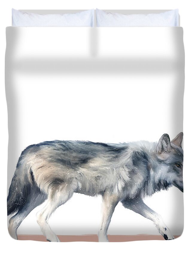 Wolf Duvet Cover featuring the painting Wolf on Blush by Amy Hamilton