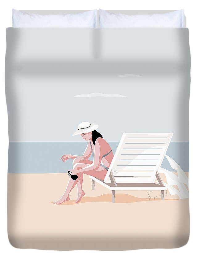 20-24 Duvet Cover featuring the photograph Woman Applying Sun Lotion On Beach by Ikon Images