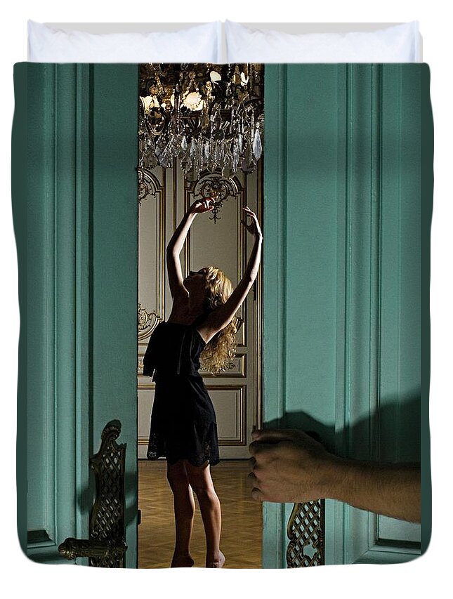 Ballet Dancer Duvet Cover featuring the photograph Woman Dancing Beneath Chandelier by Image Source