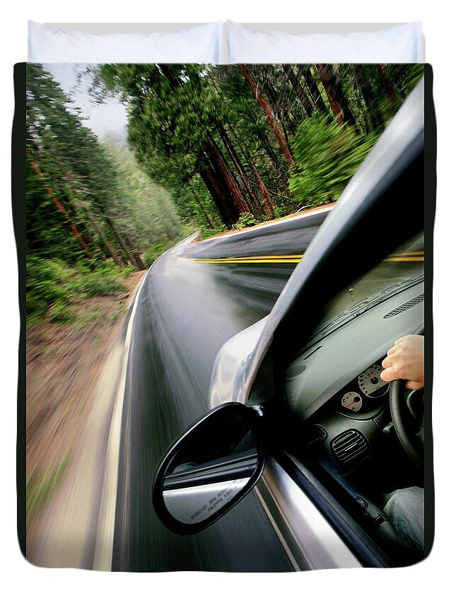 Curve Duvet Cover featuring the photograph Woman Driving Car Through Rainforest by Caroline Purser
