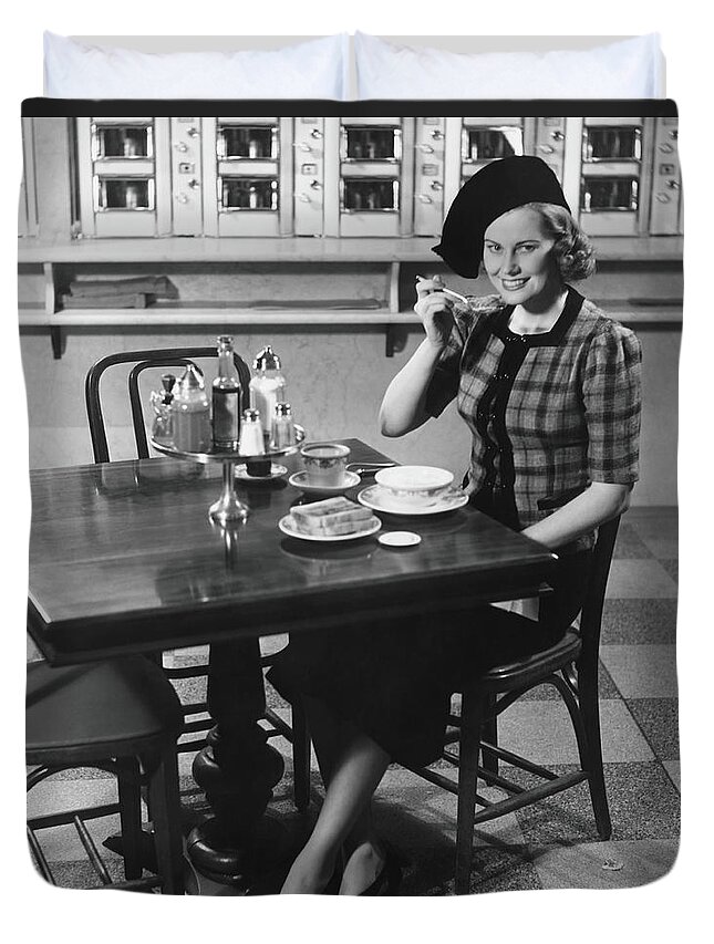 Breakfast Duvet Cover featuring the photograph Woman In Fancy Hat Eating Breakfast In by George Marks