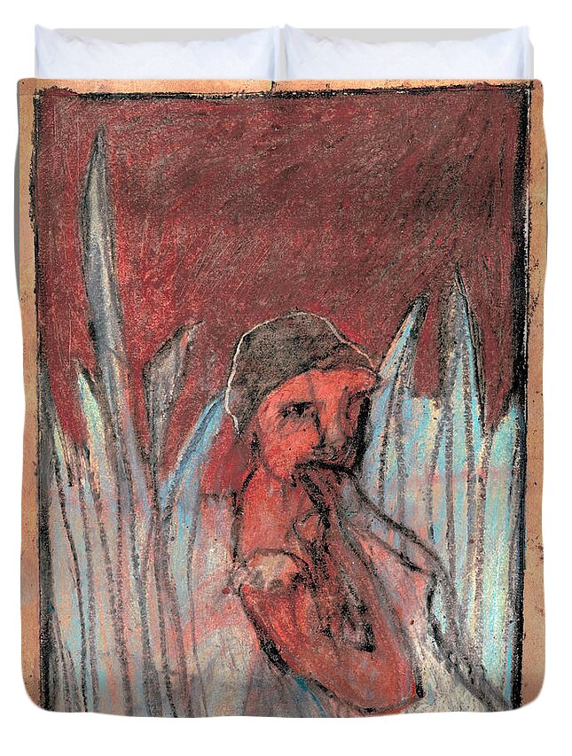 Red Duvet Cover featuring the drawing Woman in reeds by Edgeworth Johnstone