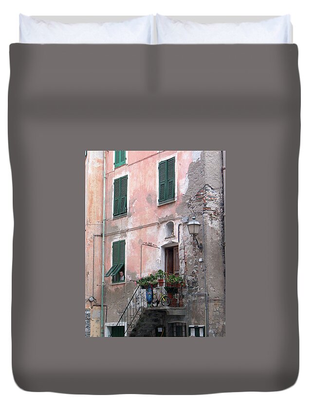 Cinque Terre Duvet Cover featuring the photograph Green Shutters by Leslie Struxness