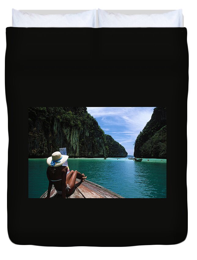 Southeast Asia Duvet Cover featuring the photograph Woman On Boat, Phi Phi Island, Phuket by Buena Vista Images
