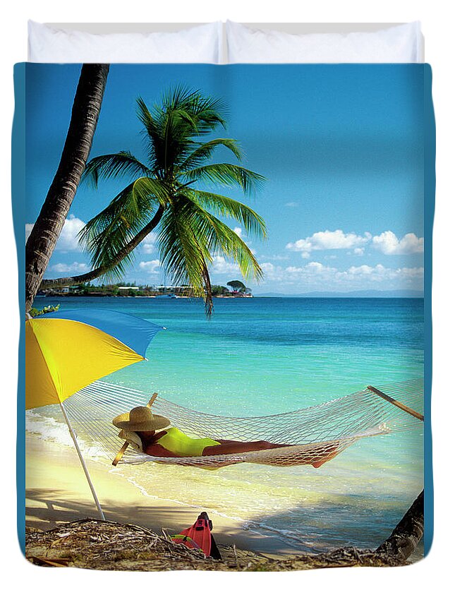 Shadow Duvet Cover featuring the photograph Woman Reading On Hammock On Pigeon by Medioimages/photodisc