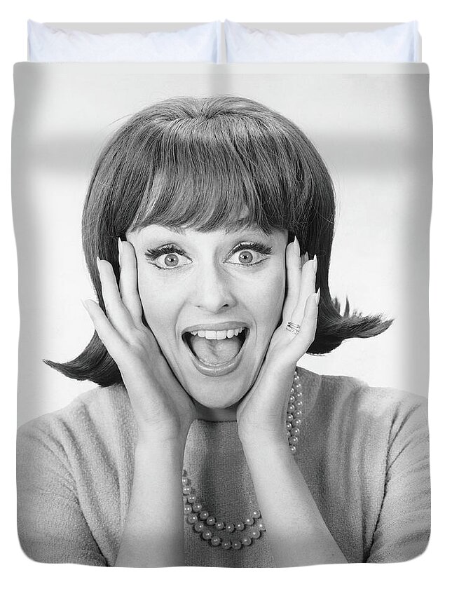 People Duvet Cover featuring the photograph Woman Shouting In Studio, B&w, Portrait by George Marks