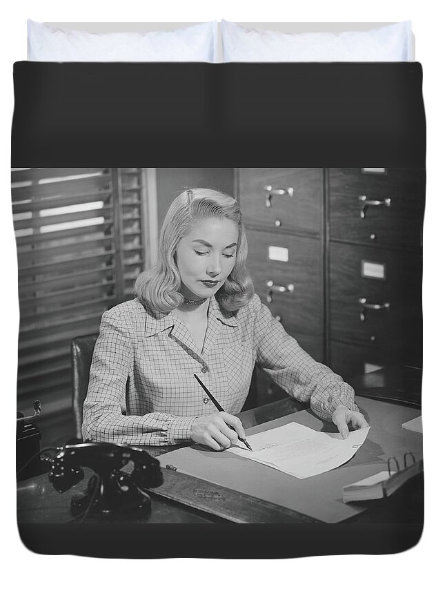 Corporate Business Duvet Cover featuring the photograph Woman Sitting At Desk, Writing Letter by George Marks