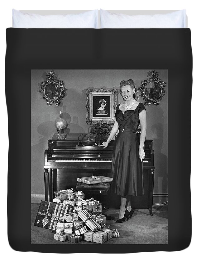 Piano Duvet Cover featuring the photograph Woman Standing By Piano & Presents by George Marks