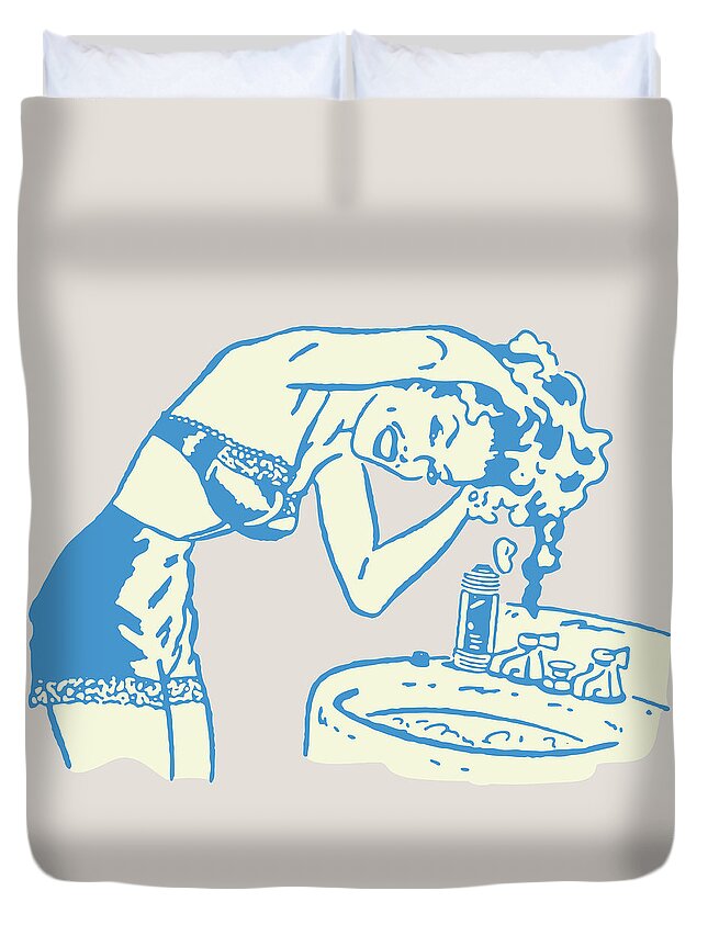 Adult Duvet Cover featuring the drawing Woman Washing Hair in Sink by CSA Images