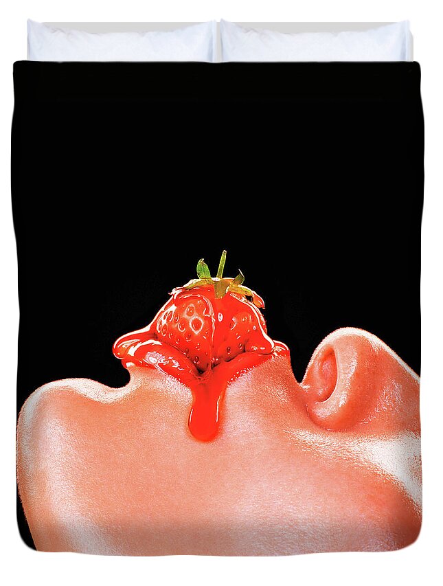 25-29 Years Duvet Cover featuring the photograph Woman With Strawberry Between Lips by Kelvin Murray
