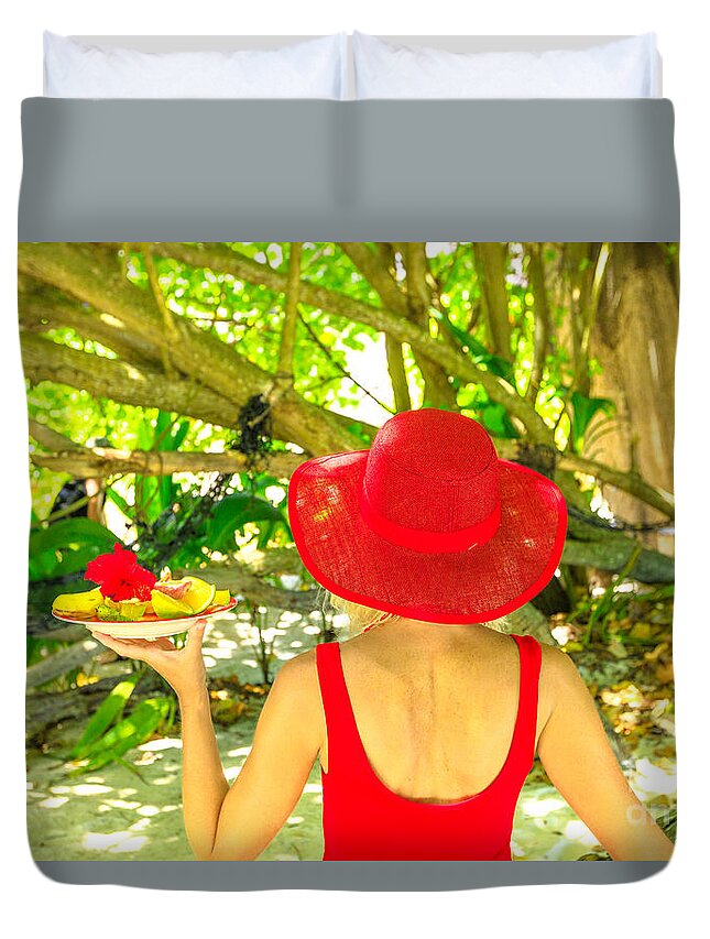 Seychelles Duvet Cover featuring the photograph Woman with tropical fruit plate by Benny Marty