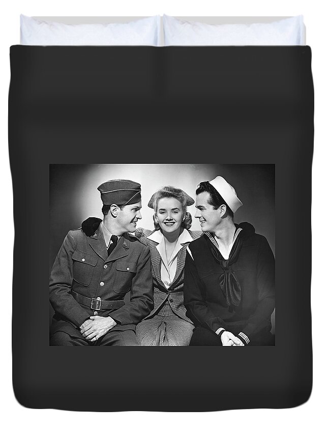 People Duvet Cover featuring the photograph Woman Wtwo Military Men by George Marks
