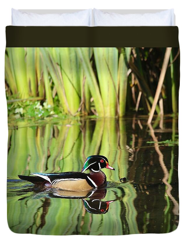 Bird Duvet Cover featuring the photograph Wood Duck Reflection 1 by Todd Kreuter