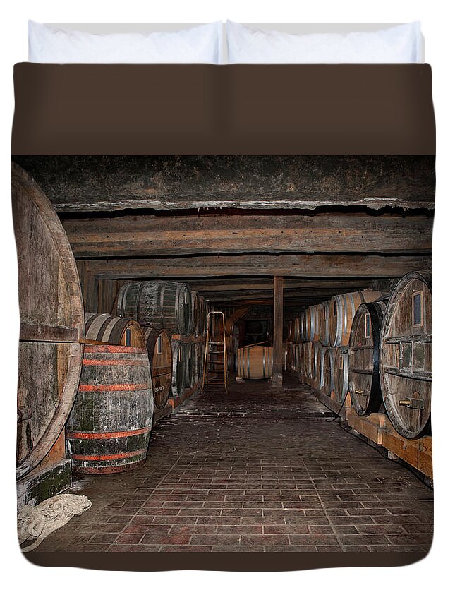 Aging Process Duvet Cover featuring the photograph Wooden Barrels In A Cider Winery by Studio Box