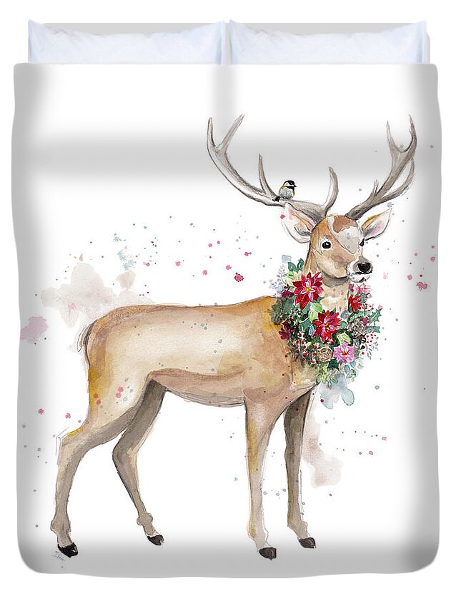 Woodland Duvet Cover featuring the painting Woodland Deer With Wreath by Patricia Pinto