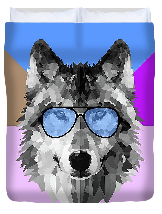 Wolf Duvet Cover featuring the digital art Woolf in Blue Glasses by Naxart Studio