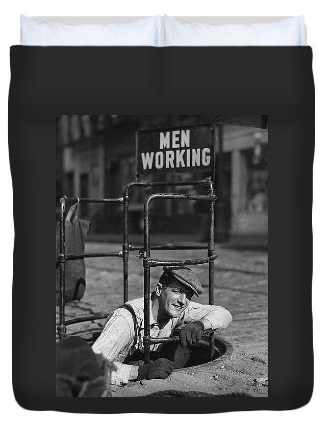 People Duvet Cover featuring the photograph Worker Climbing Into Manhole by George Marks