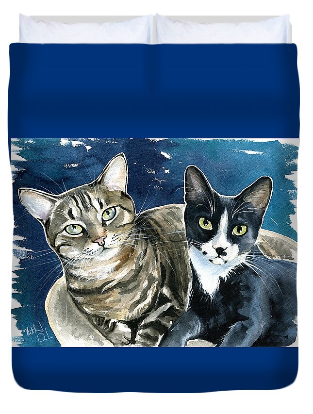 Cat Duvet Cover featuring the painting Xani and Zach Cat Painting by Dora Hathazi Mendes