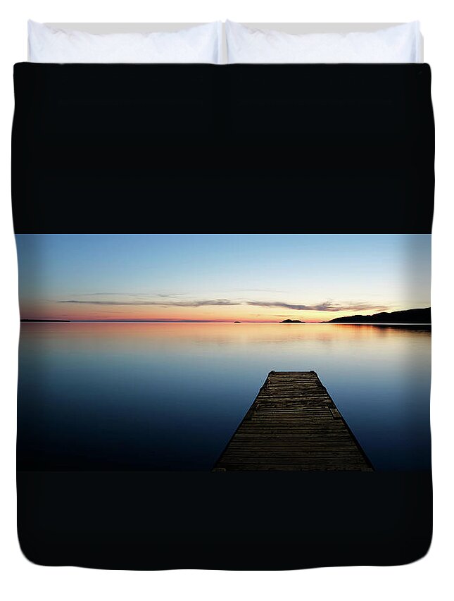 Water's Edge Duvet Cover featuring the photograph Xl Serene Lake With Dock by Sharply done