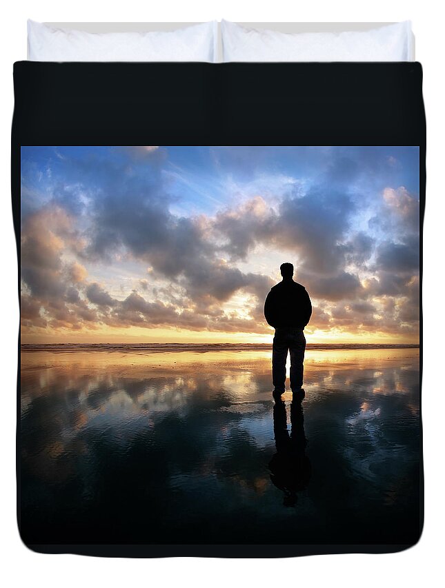 Water's Edge Duvet Cover featuring the photograph Xl Solitude Beach Silhouette by Sharply done