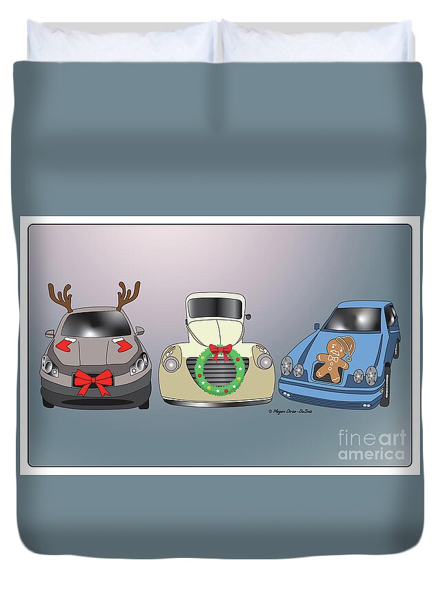 Comic Book Car Duvet Cover featuring the digital art Xmas Cars by Megan Dirsa-DuBois