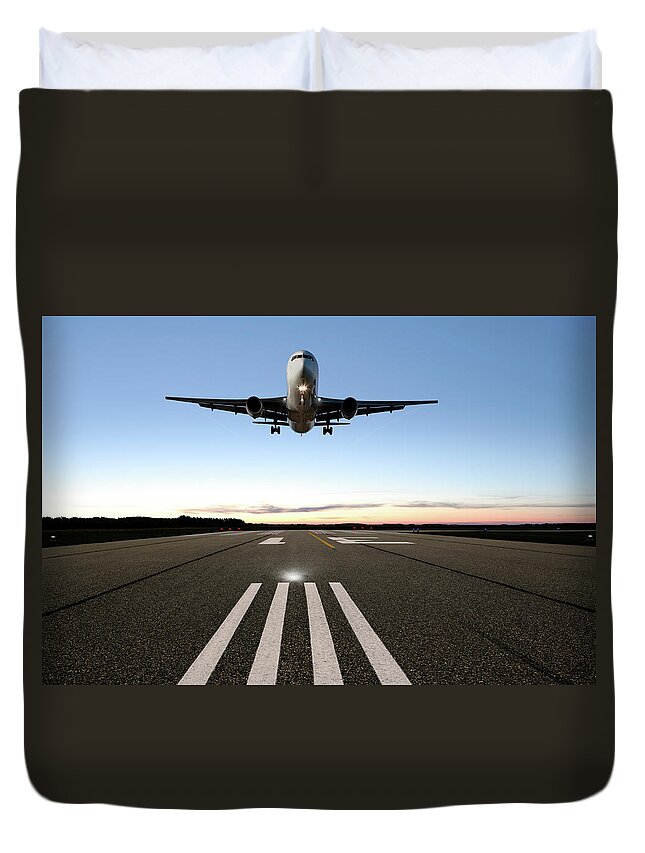 Dawn Duvet Cover featuring the photograph Xxl Jet Airplane Landing by Sharply done