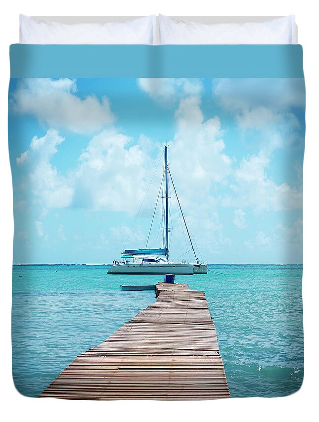 Freight Transportation Duvet Cover featuring the photograph Yacht Anchored At Wooden Pier by Narvikk