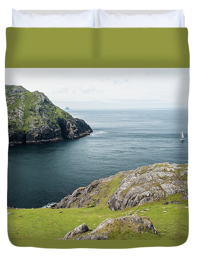 Grass Duvet Cover featuring the photograph Yacht Sailing Into Dursley Sound by James Sparshatt / Design Pics