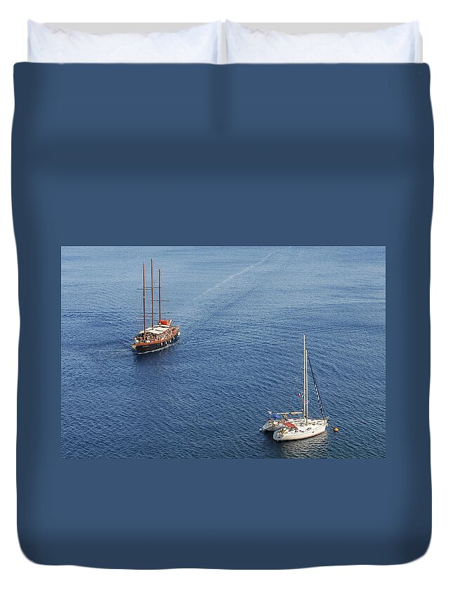 Sailing Duvet Cover featuring the photograph Yachts sailing on a blue calm sea by Michalakis Ppalis