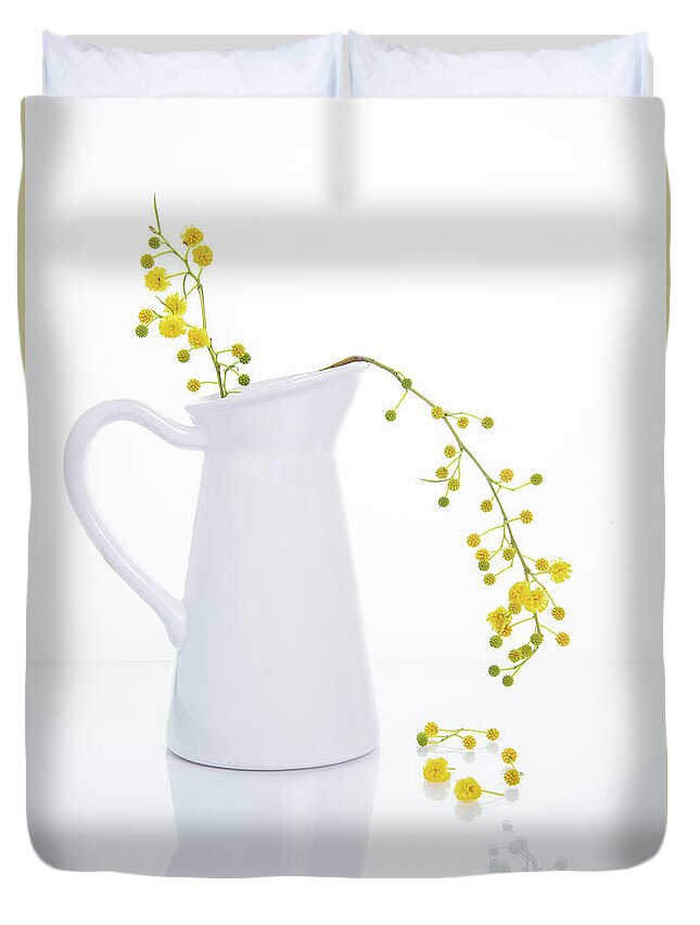 Decoration Duvet Cover featuring the photograph Yellow beautiful flowers on a white vase. by Michalakis Ppalis