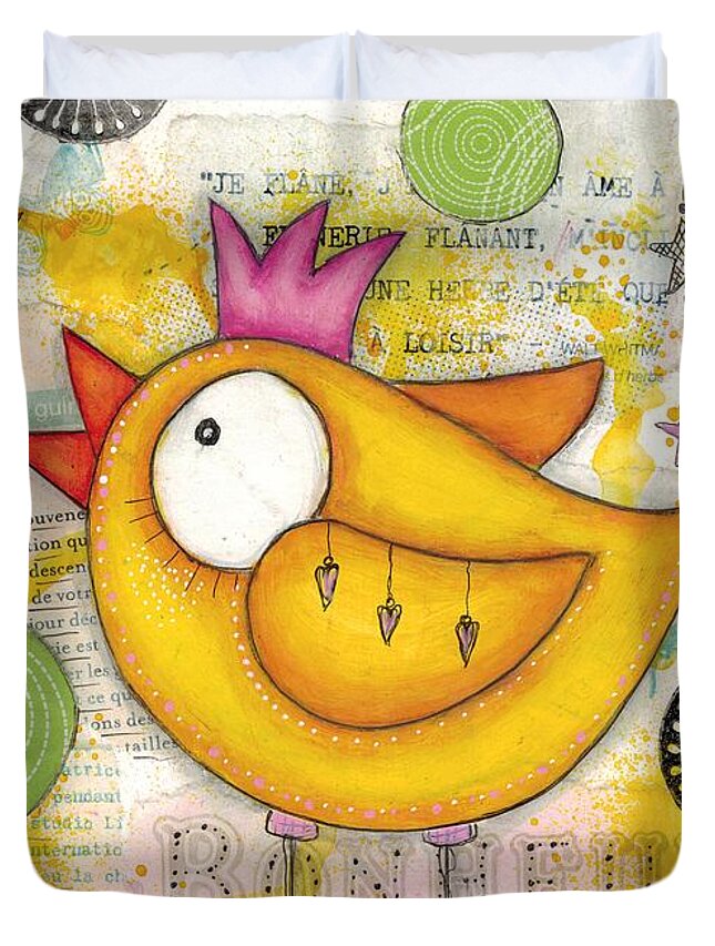Illustration Duvet Cover featuring the mixed media Yellow Bird by Barbara Orenya