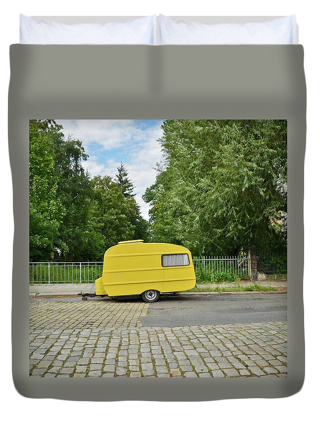 Tranquility Duvet Cover featuring the photograph Yellow Camper by Gabriele Kappes