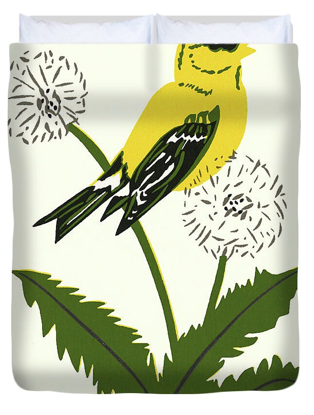 Animal Duvet Cover featuring the drawing Yellow Canary Perched on a Dandelion by CSA Images