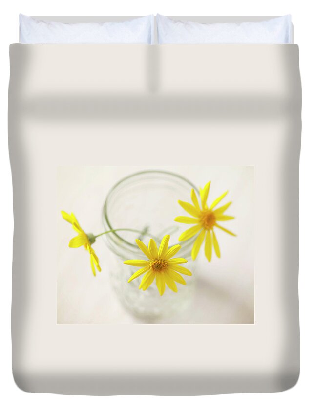 Tranquility Duvet Cover featuring the photograph Yellow Daisies In Glass Jar by Sharon Lapkin