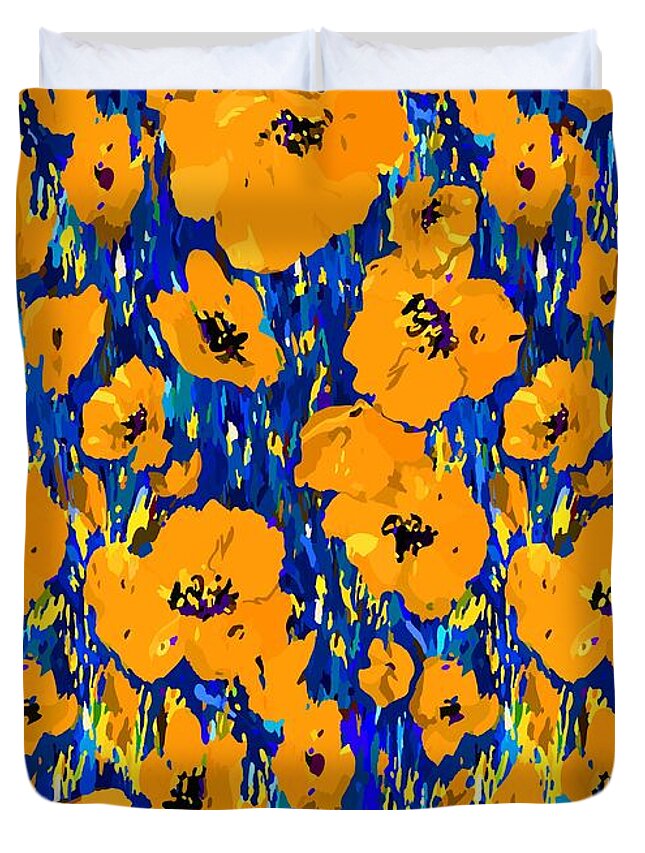Xmp Duvet Cover featuring the digital art Yellow Orange Poppies by L Diane Johnson