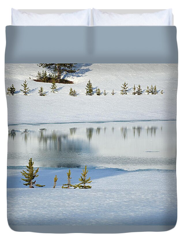 Yellowstone Duvet Cover featuring the photograph Yellowstone's Divide Lake and Reflections in Deep Winter by Bruce Gourley