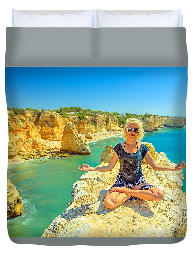 Portugal Duvet Cover featuring the photograph Yoga in Algarve coast by Benny Marty