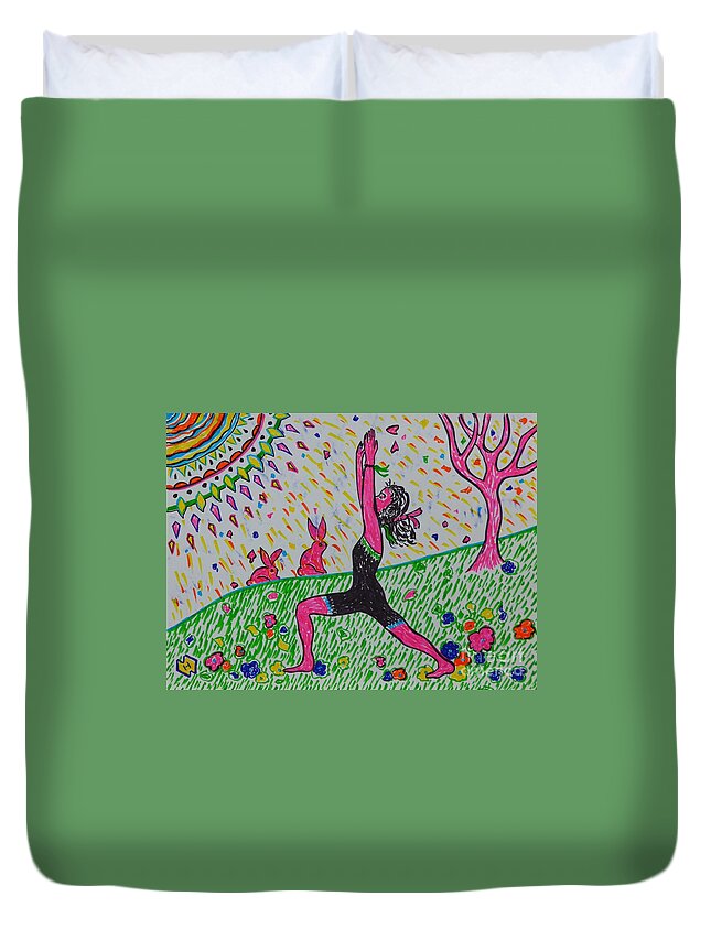 Yoga Duvet Cover featuring the drawing Yoga on the Grass by Heather McFarlane-Watson