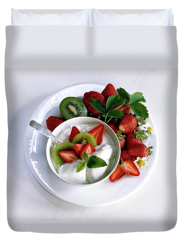 Breakfast Duvet Cover featuring the photograph Yogurt With Kiwi And Strawberries by Maximilian Stock Ltd.