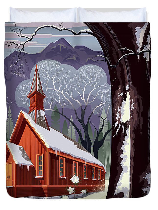Yosemite Chapel Duvet Cover featuring the digital art Yosemite Christmas by Garth Glazier
