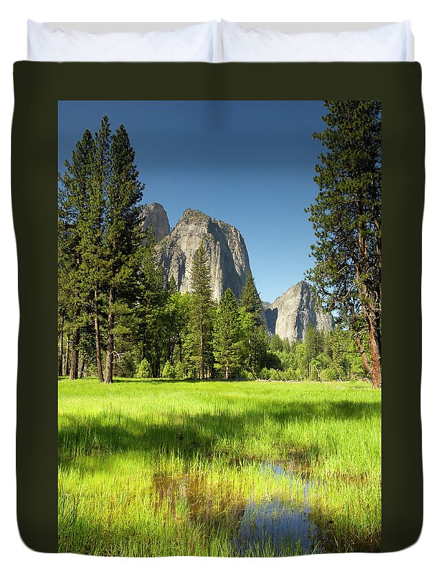 Scenics Duvet Cover featuring the photograph Yosemites Cathedral Rocks Meadow In The by Gomezdavid
