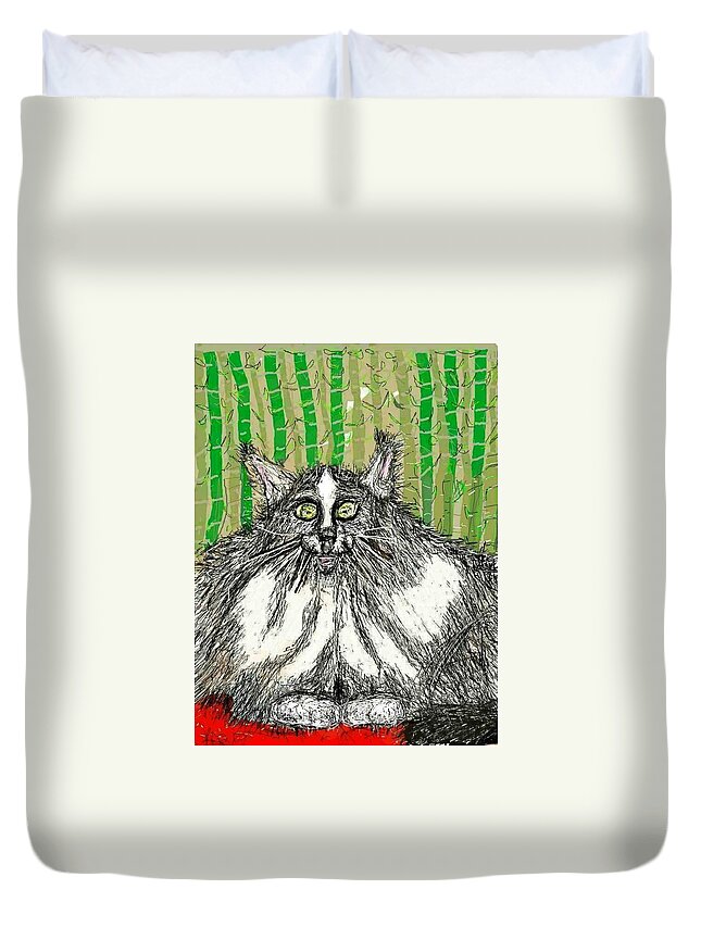 Cat Duvet Cover featuring the drawing Yoshi the Fluffy Cat by Kathy Barney