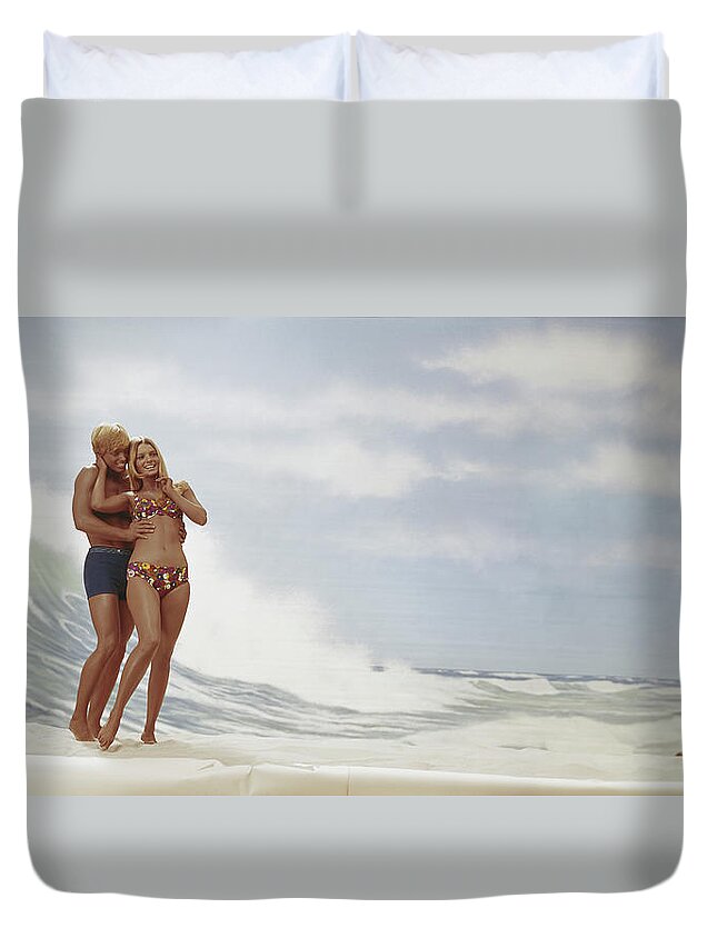 Young Men Duvet Cover featuring the photograph Young Couple Standing On Beach, Smiling by Tom Kelley Archive