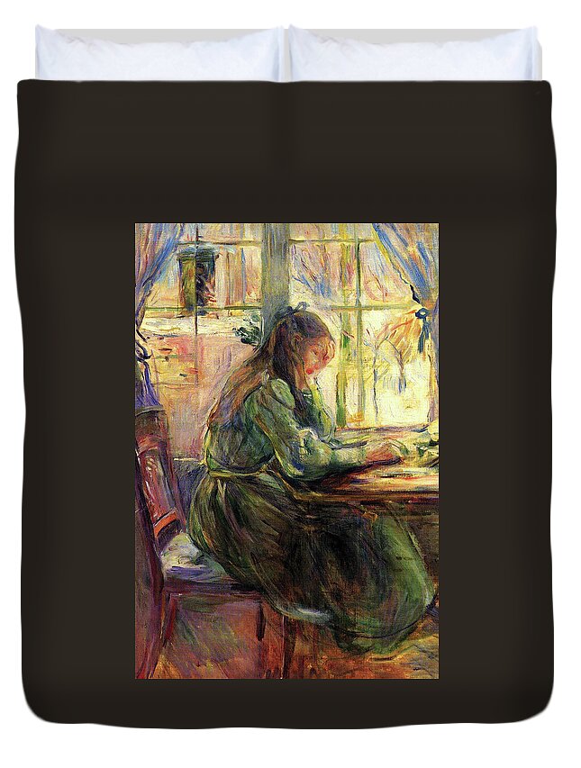 Impressionism Duvet Cover featuring the painting Young girl writing by Berthe Morisot