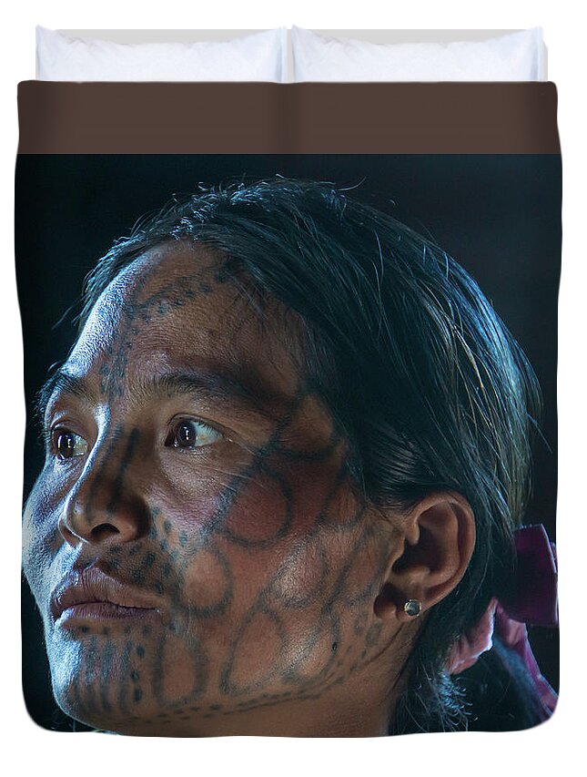 Face Duvet Cover featuring the photograph young tattooed Chin woman by Ann Moore